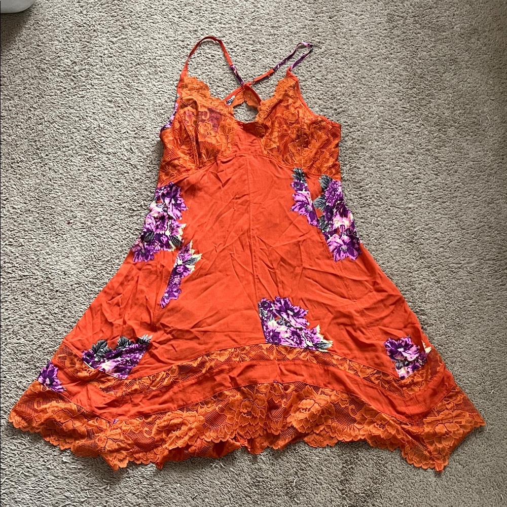 Free People Orange and Purple Lace Slip Dress